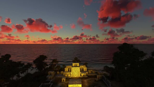 Sunset aerial view of Tulum Ruins in Quintana Roo. Mexico