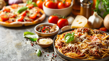 Spaghetti with meat sauce and vegetables on wooden table, freshness lunch wood pasta herb