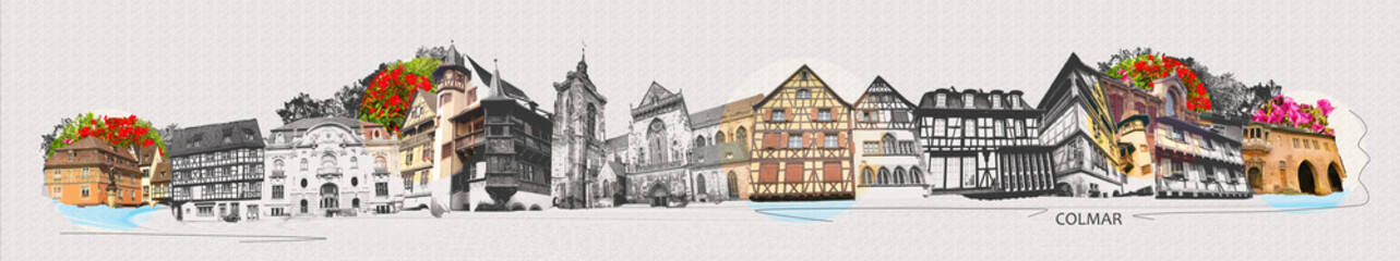 Beautiful church tower of cathedral in French city of Colmar. Alsace building. Colmar, Petit Venice, narrow street and traditional half timbered houses. Collage, art design - obrazy, fototapety, plakaty