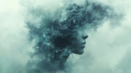 Abstract representation of brain fog using a distorted human head shape with a hazy, foggy cloud enveloping the brain area