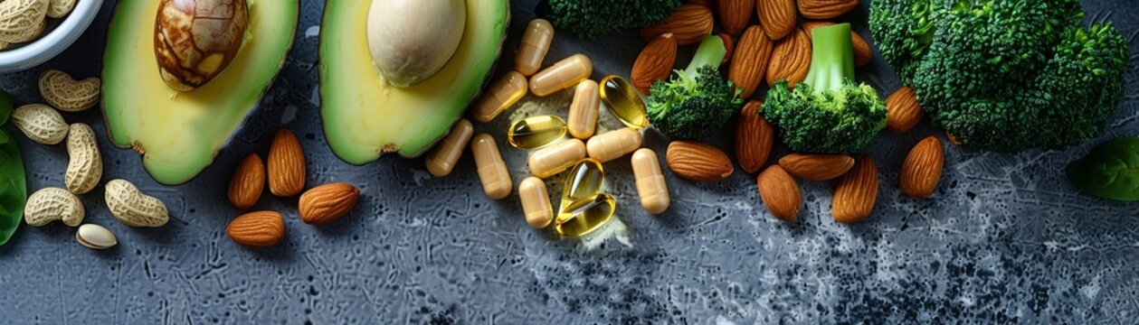 A health focused image showcasing magnesium supplement capsules alongside natural magnesiumrich foods such as sliced avocado, fresh broccoli, and a variety of nuts like almonds and cashews