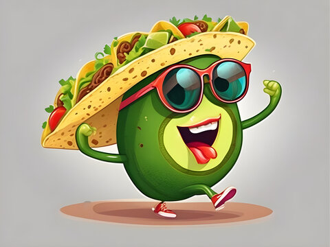 Cartoon Avocado Laughing Wearing Taco and Sunglasses