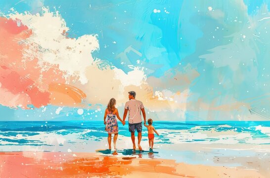 Oil painting style: background of happy family traveling to seaside in summer, summer travel, printable greeting card