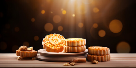 Mid autumn festival sort popular high resolution Moon Viewing Mooncakes on a lighted background - obrazy, fototapety, plakaty