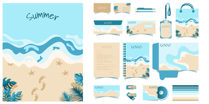 SUMMER  , set of Corporate Brand or visual Identity Mockup set with digital elements in Summer theme with full stationery template design. Editable vector illustration: Business card, Bag, id, card.