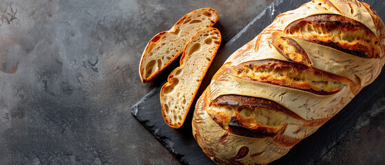 Loaf of bread on cutting board, homemade slice snack ciabatta