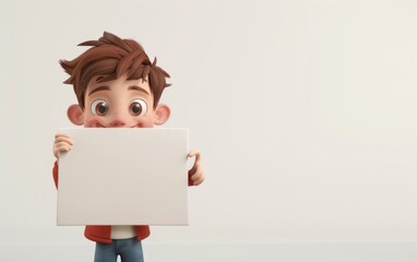 Character cartoon boy points to a blank sheet of paper. 3d rendering. Illustration for advertising