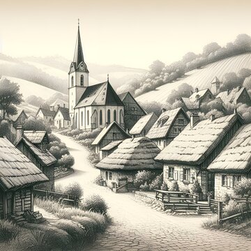 black and white sketch village