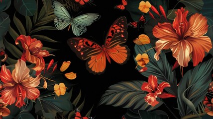 Vibrant floral pattern with butterflies on dark