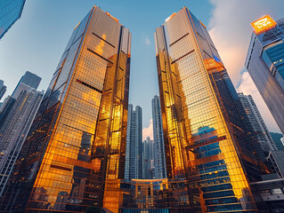 Modern golden glass buildings in Hong Kong city AI-generated Image
