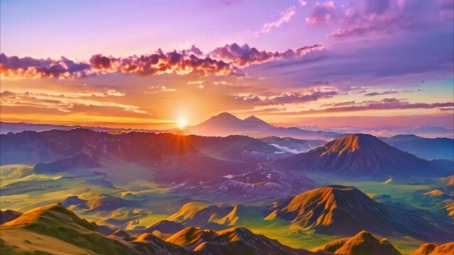 video sunrise over green mountains and colorful sky