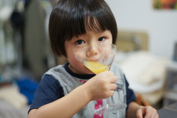 カクテルグラスでオレンジジュースを飲む子供 / Child drinking orange juice in a...