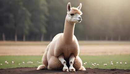 Fototapeta premium Calm looking alpaca or llama wearing simple clothes, sitting on ground in lotus like position. Zen meditation concept. Banner with space for text at side. Generative AI