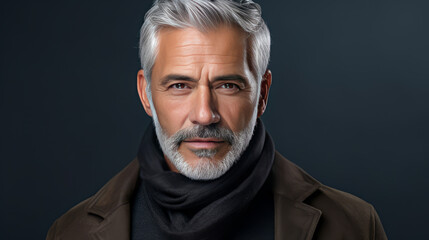 Handsome elderly elegant latino with gray hair, on a silver background, banner, active aging.