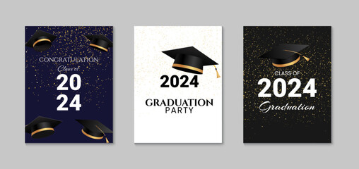 Graduation greeting card design. Celebration party invitation. Congratulations graduates class of 2024 poster. Vector illustration