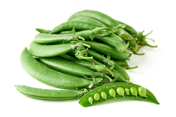 Pile of Sugar snap pea and peeled with seed inside isolated on white background. sugar snap pea...