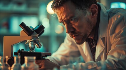 Concentrated male researcher using microscope in a scientific research lab
