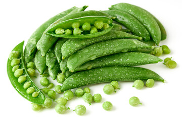 Pile of Sugar snap pea and peeled with seed inside and water droplets isolated on white background....