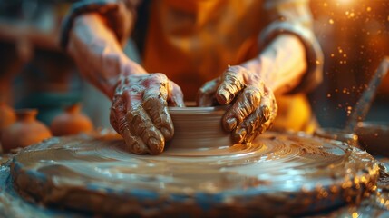 Craftsperson molding clay on spinning pottery wheel with fiery sparks
