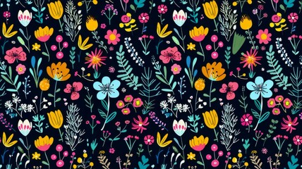 Colorful playful floral pattern on dark blue