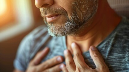 Soft-focused image of someone experiencing esophageal discomfort, with a comforting hand on the chest area