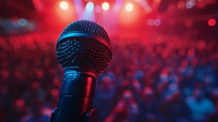 Close-up of dynamic microphone against a blurred audience with stage lights
