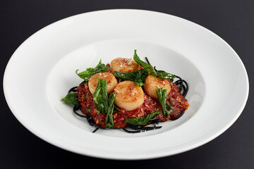 Black spaghetti Arrabbiata sauce with scallop served in white plate isolated on black background. italian food.