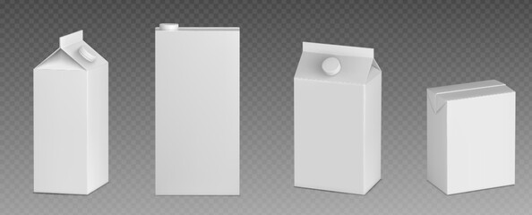Milk box pack. Blank white carton juice mockup. 3d cardboard drink package template mock up. Realistic beverage container with cap front and side view design. Empty tetra bag clear for wrap branding