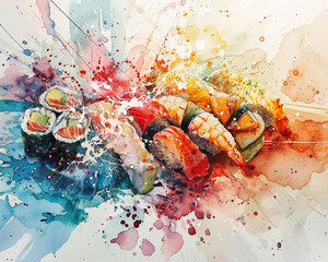 A captivating scene of hand-rolled sushi with an energetic splash of watercolor-like explosions enhancing its appeal