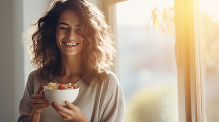 Beautiful brunette woman eating breakfast holding bowl of cereals and smiling enjoying her morning
