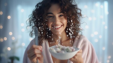 Close up portrait of happy smiling brunette in bathrobe holding cereals in spoon eating breakfast - obrazy, fototapety, plakaty