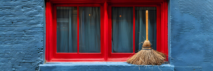 brush on the window,
Window display featuring a broom and dustpan - obrazy, fototapety, plakaty