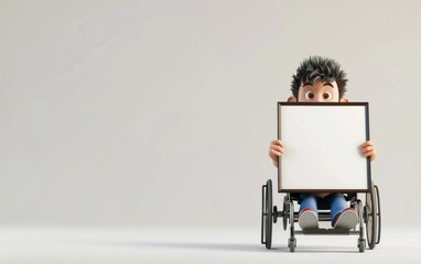 Smiling and joyful disabled person holding a board on a wheelchair and sitting - obrazy, fototapety, plakaty