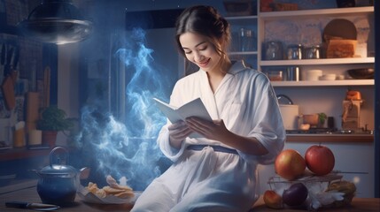 Portrait of woman in bathrobe sitting in kitchen with smartphone cooking dinner watching recipe on - obrazy, fototapety, plakaty