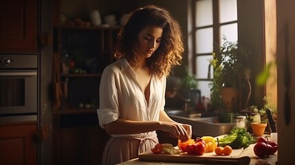 Portrait of woman cooking breakfast chopping vegetables for salad using board and knife standing in