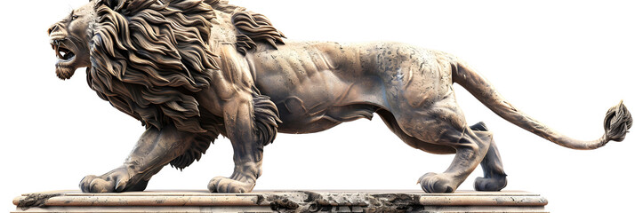 Golden lion statue,  Arafed statue of a lion laying on a stone base on white background