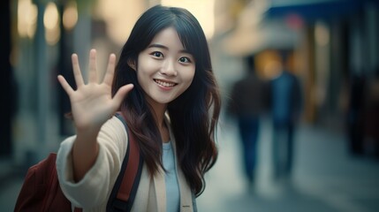 Happy asian girl saying bye to someone waving at friend and walking on street with smartphone