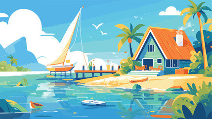 Fototapeta na wymiar Of a beach with a cottage and a wooden boat 2d flat