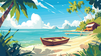 Of a beach with a cottage and a wooden boat 2d flat
