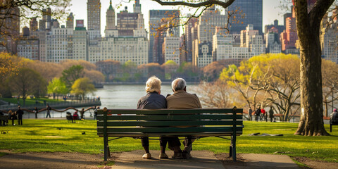 Calm romantic moment of retired couple sitting in nature in the city center. Two men sitting on bench enjoying city view across the river.
 - obrazy, fototapety, plakaty