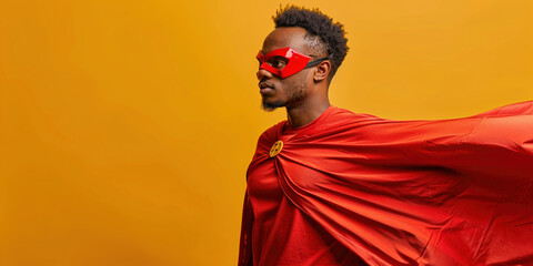 Brave confident and powerful man concept. Copy paste empty place for text. African American man wearing red superhero cloak and mask on yellow background