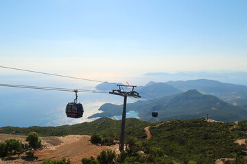 Spectacular view from the Babadag Mountain onto the coastline of Ölüdeniz with the cable car in the foreground, Ölüdeniz, Turkey