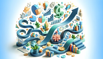 3d flat icon as Synergy Stream Banner illustrating a stream of synergy between various business elements. in financial growth and innovation abstract theme with isolated white background ,Full depth o