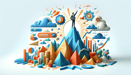 3d flat icon as Victory Vision An ad with a visionary leader atop a mountain overlooking a landscape of opportunities. in financial growth and innovation abstract theme with isolated white background 
