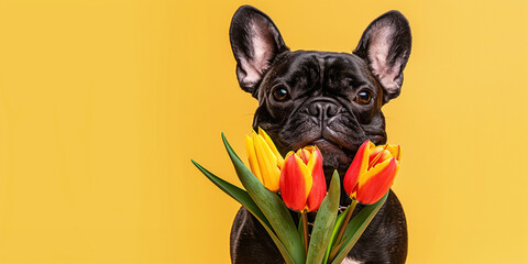 Spring birthday anniversary celebration postcard concept. Funny smiling black French Bulldog dog...