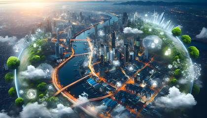 Carbon Conscious Commerce Businesses reducing their carbon footprint for a better future. in climate change theme ,Full depth of field, clean bright tone, high quality ,include copy space, No noise, c