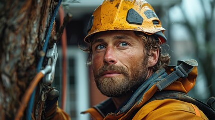 Arborist men working to trim trees.