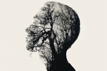 Bare tree silhouette in human profile - obrazy, fototapety, plakaty