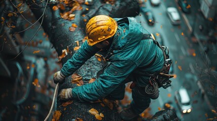Obraz premium Arborist men working to trim trees.
