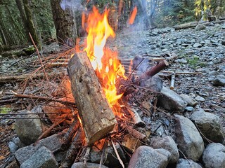 Flames of wood fire in the campground in stone fire pit in the forests of Washington State with a...